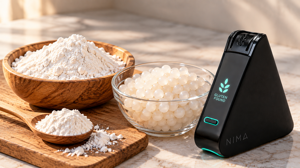 Tapioca pearls and flour labeled gluten free beside a NIMA gluten sensor