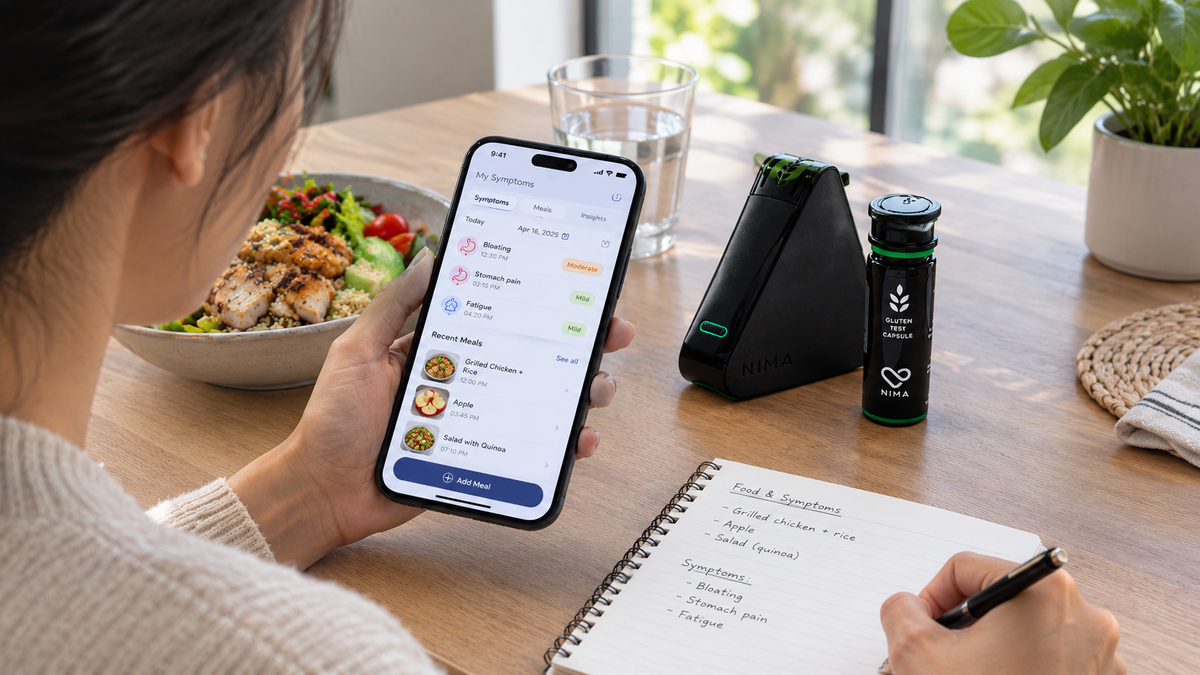 Person tracking gluten belly symptoms and meals before discussing possible causes with a clinician