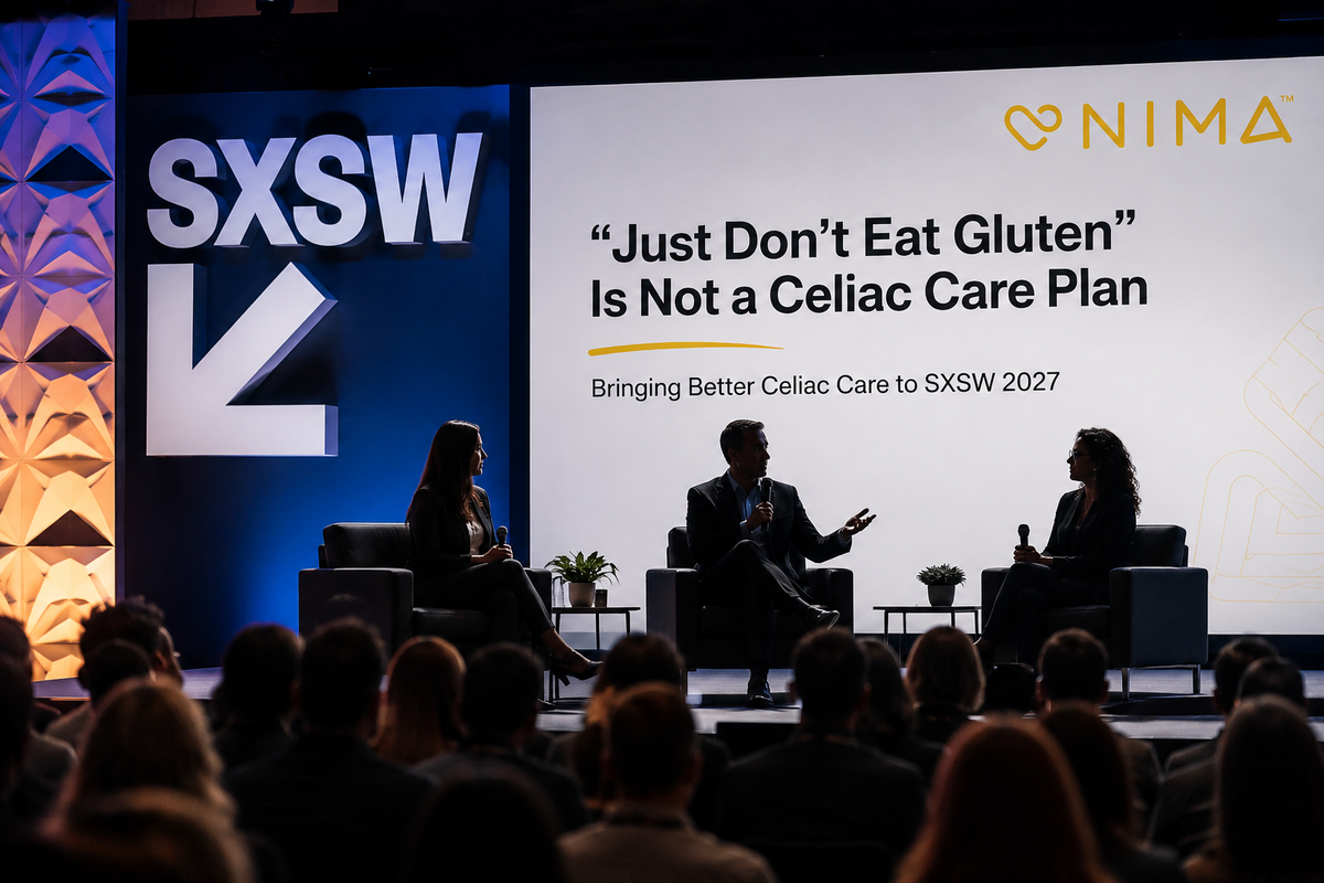 The NIMA gluten sensor beside a plate of food, supporting the NIMA SXSW 2027 panel on celiac care plans.