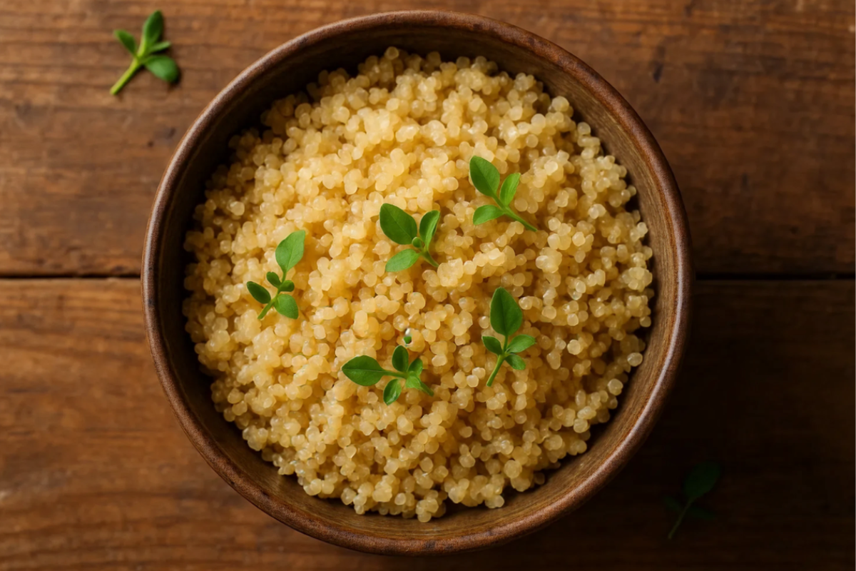 Cooked quinoa in a bowl next to a NIMA gluten sensor testing whether the quinoa is gluten free