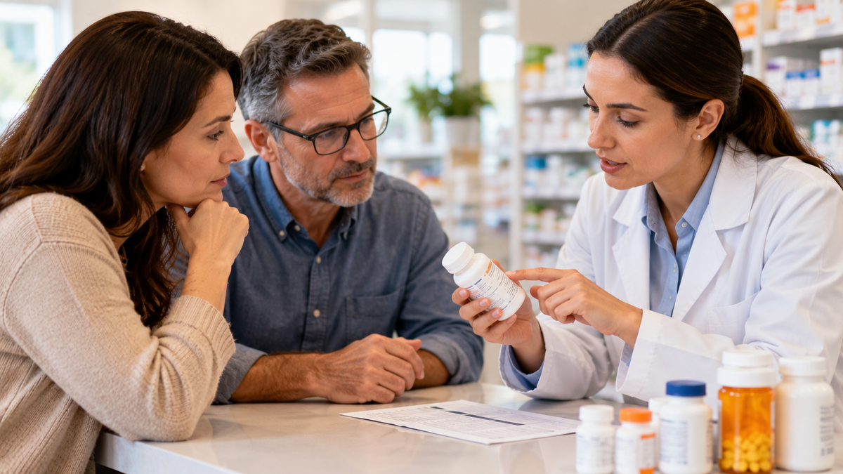 Patient and caregiver reviewing celiac disease medications to avoid with a pharmacist