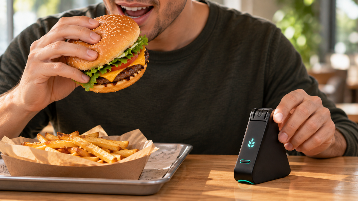 Gluten free fast food meal with burger, fries, and allergen checklist