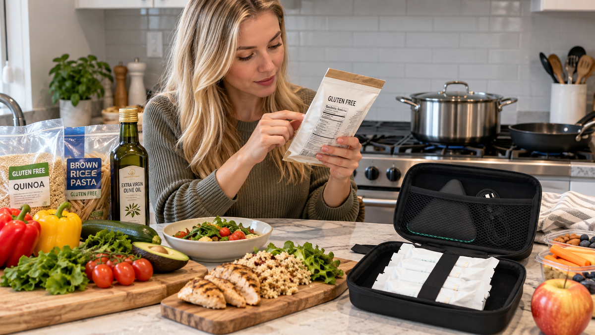 Person living with celiac disease planning a gluten-free meal with labels, safe cookware, and a travel snack kit