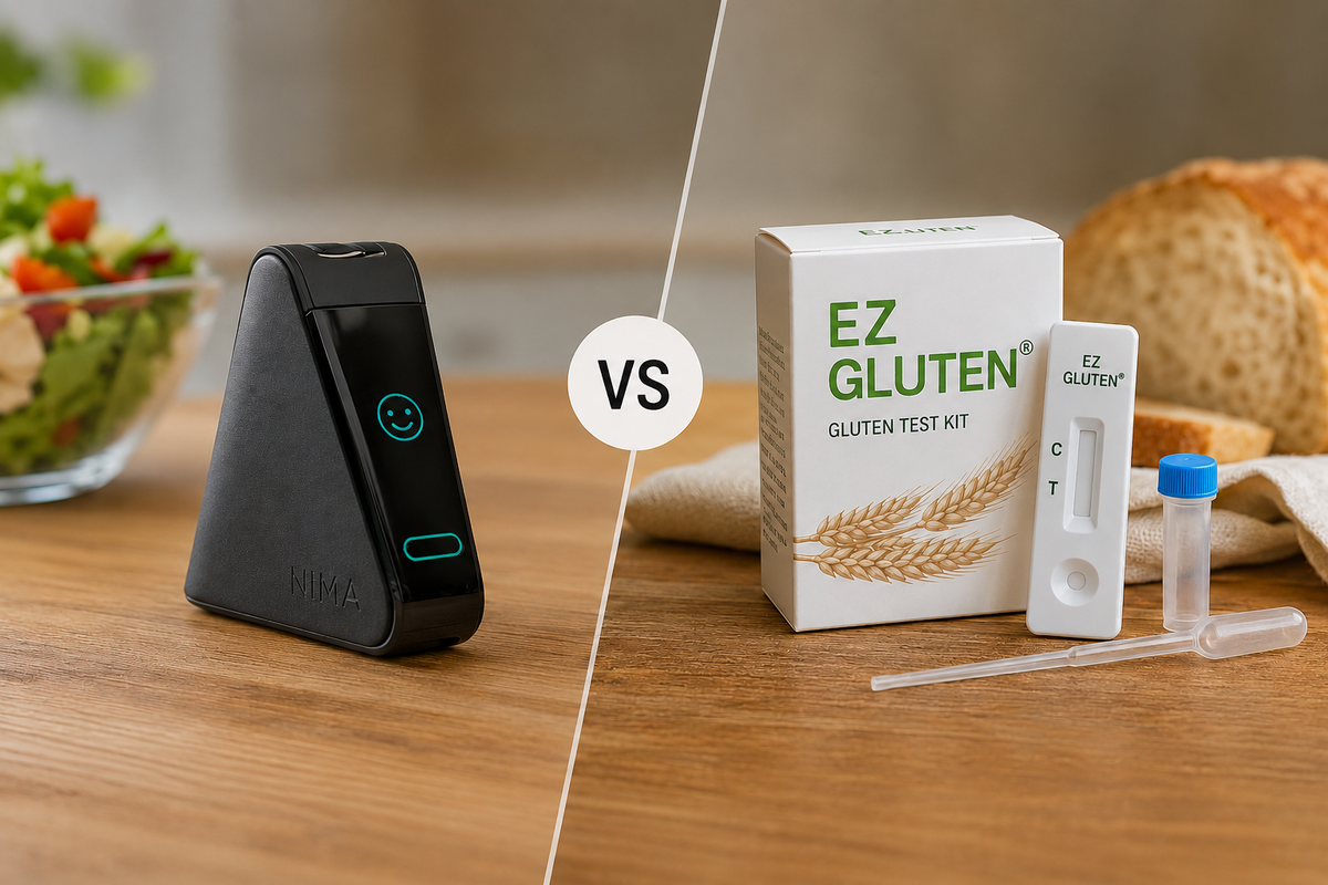 NIMA™ gluten sensor and EZ Gluten® test kit side by side, comparing two at-home gluten testing devices
