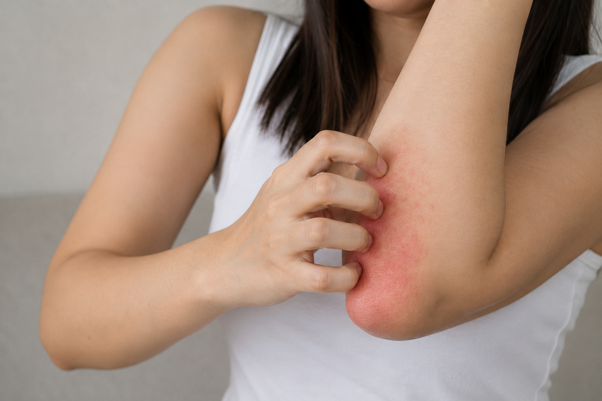 Gluten rash on elbows showing itchy dermatitis herpetiformis bumps