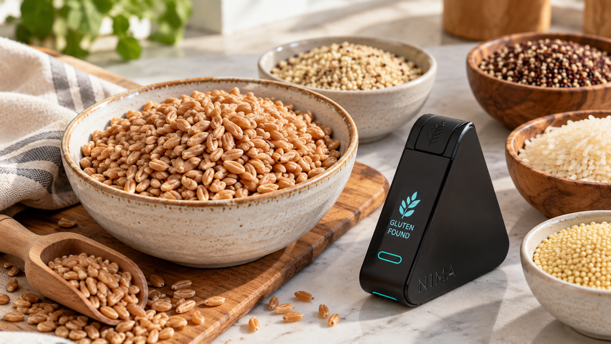 Farro grains beside gluten-free alternatives for an article answering is farro gluten free